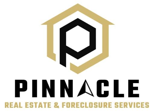 A black and gold logo for pinnacle real estate & foreclosure services.